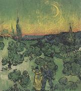 Vincent Van Gogh Landscape with Couple Walking and Crescent Moon (nn04) oil painting reproduction